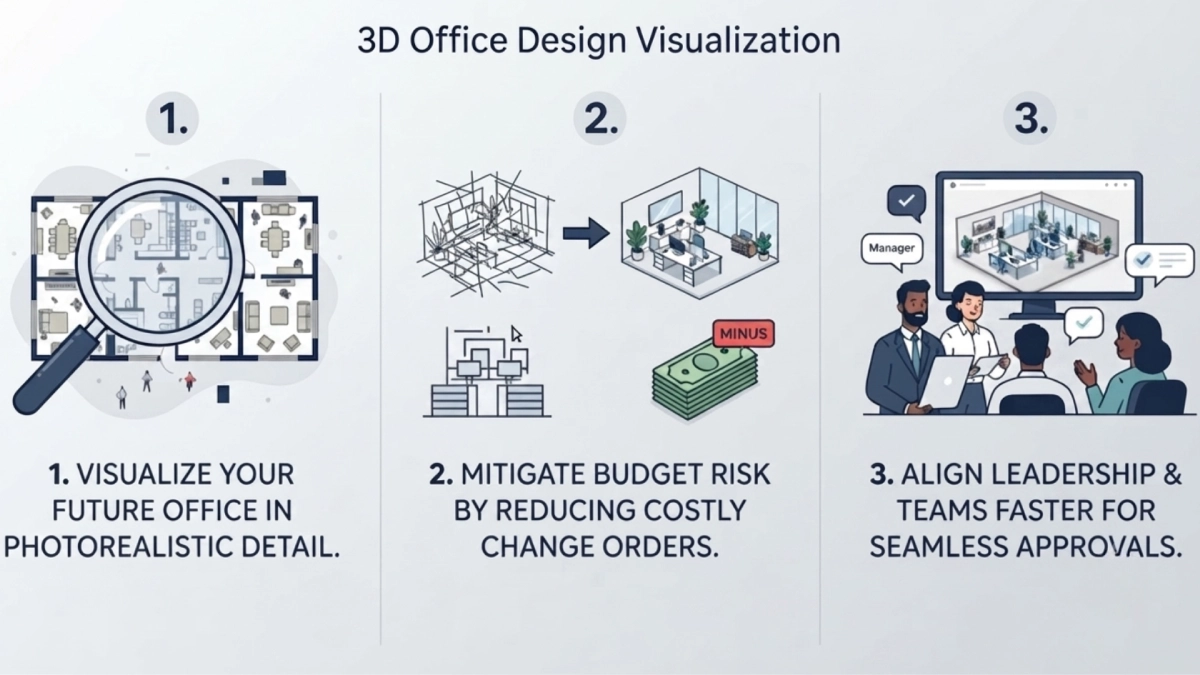 Commercial interior design infographic featuring 3D office visualization, photorealistic office rendering, budget risk mitigation, and faster team approvals during office planning and design.